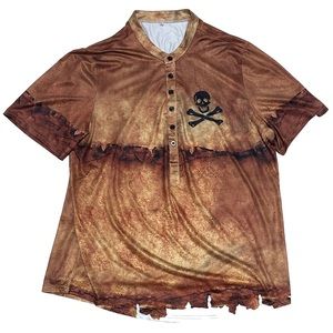Skull & Bones Men’s Silk Brown Henley Button Up T-Shirt | XXL | Brown/Black